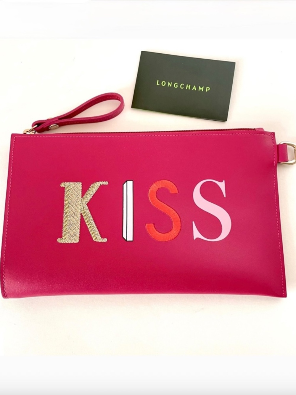 Longchamp KISS&LOVE Leather Clutch Fuchsia Pink Made in France NWOT